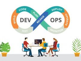 The DevOps sign above a developer team.