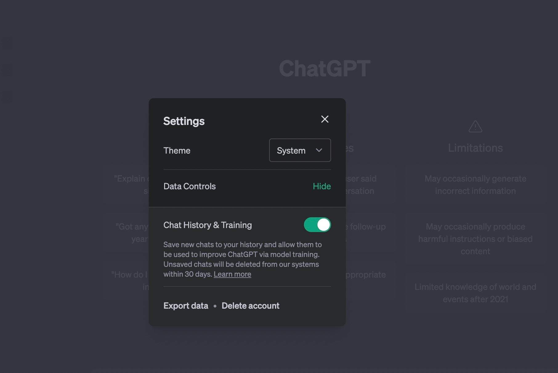 OpenAI added the Chat History & Training setting to ChatGPT in April.