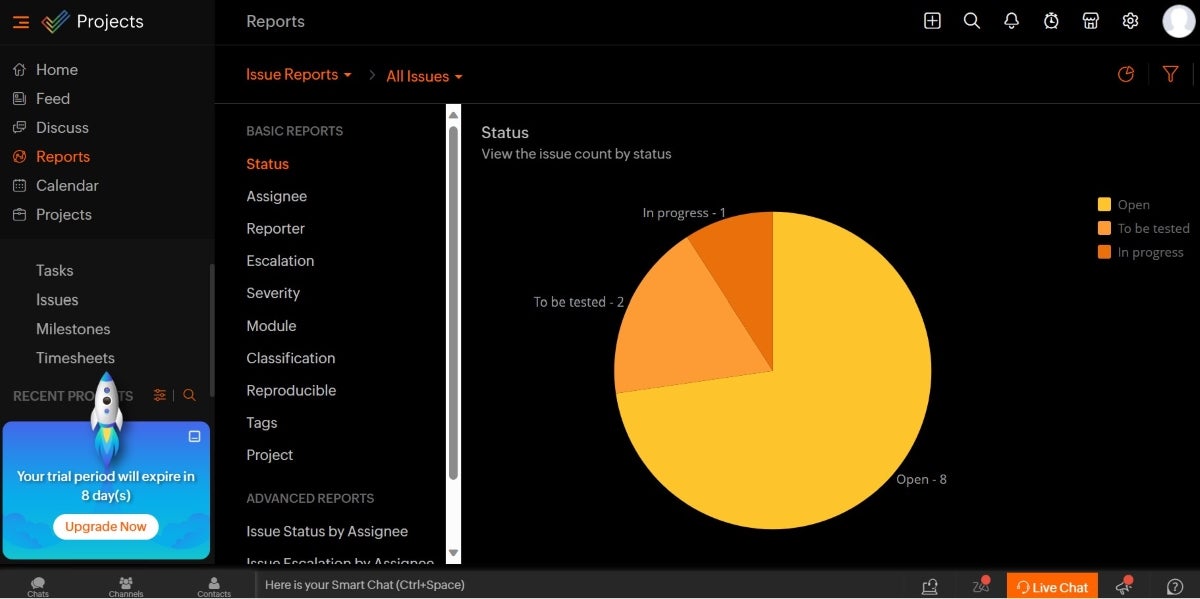 Screenshot of Zoho Projects reporting.