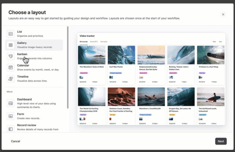 Multiple layout options in Airtable.