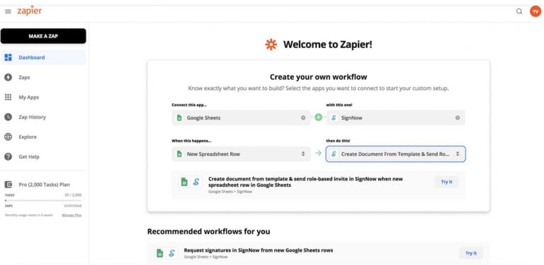 signNow Zapier integration workflow.