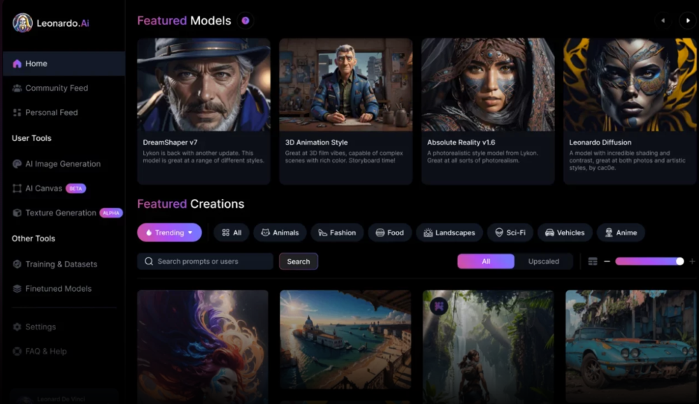 Dashboard of generative AI platform Leonardo.Ai.